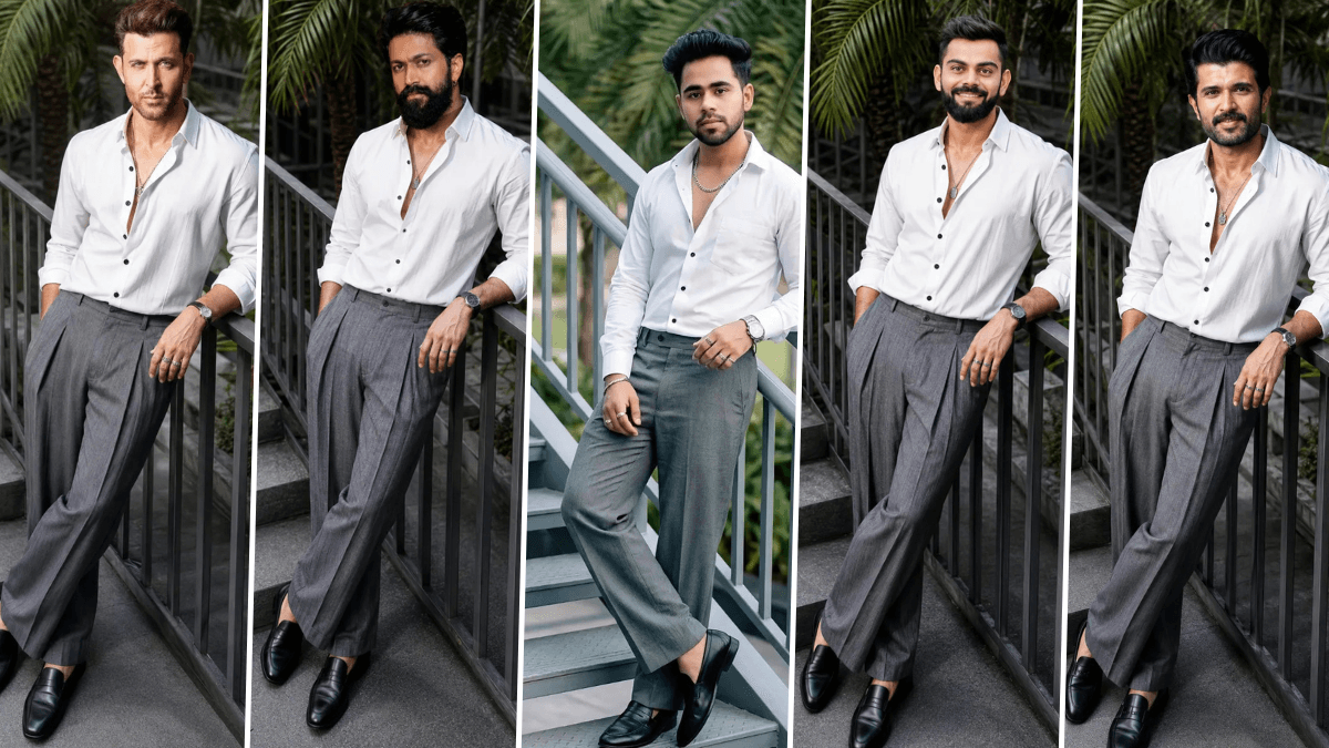 Stylish male fashion model in white shirt and grey trousers generated using AI photography prompt