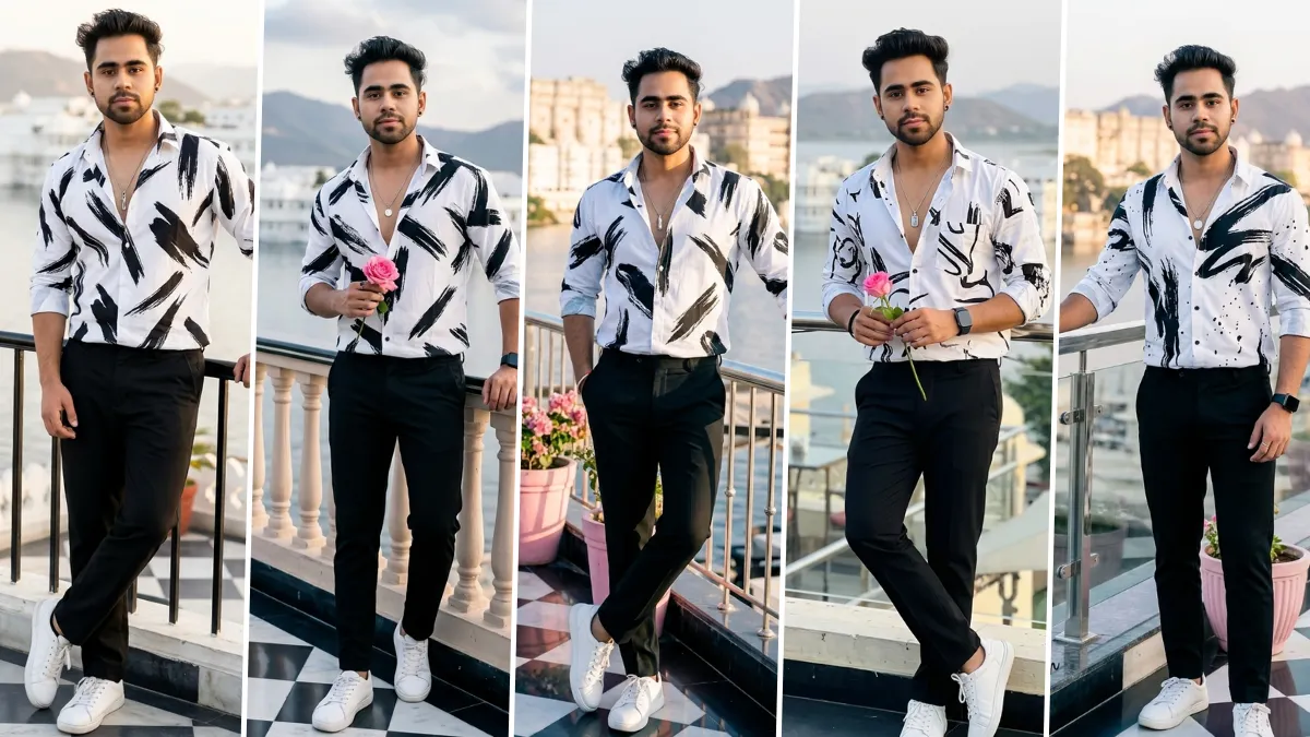 Stylish male model in printed white shirt and black trousers generated with AI fashion photography prompt