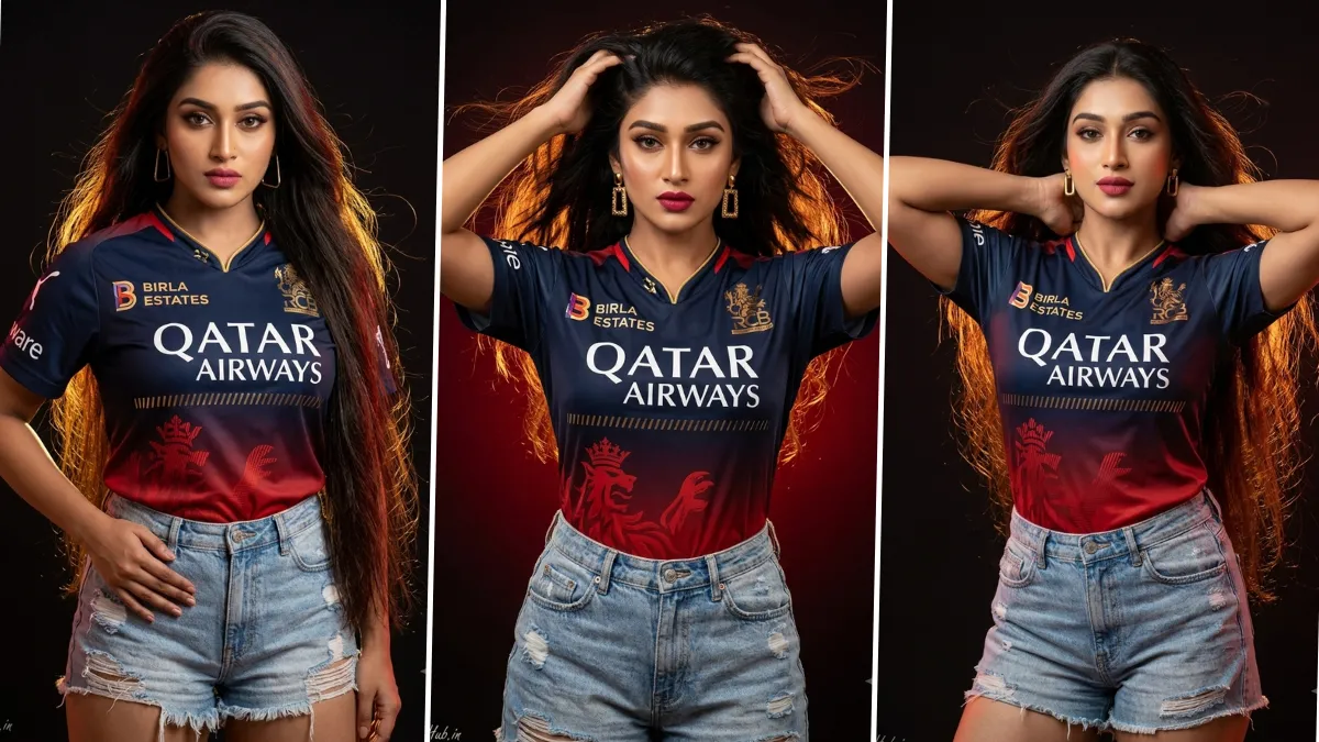 Stylish female cricket fan wearing RCB jersey generated using AI sports fashion photography prompt