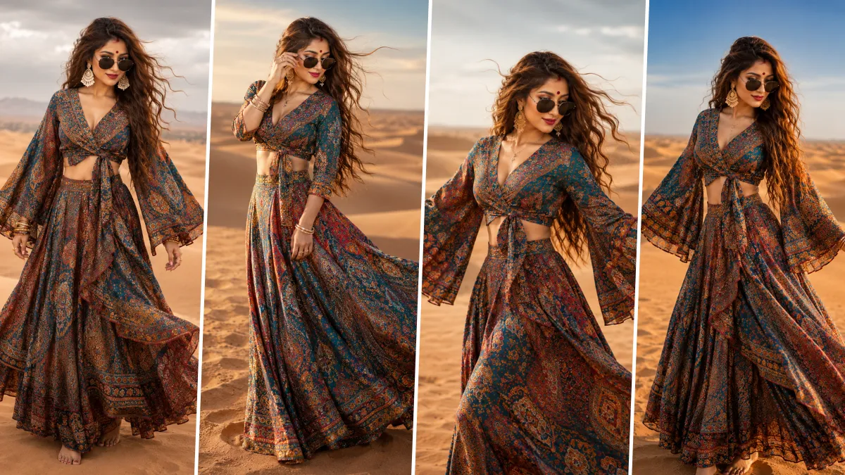 Ultra realistic bohemian fashion girl posing in flowing ethnic dress during cinematic desert photoshoot with aesthetic style