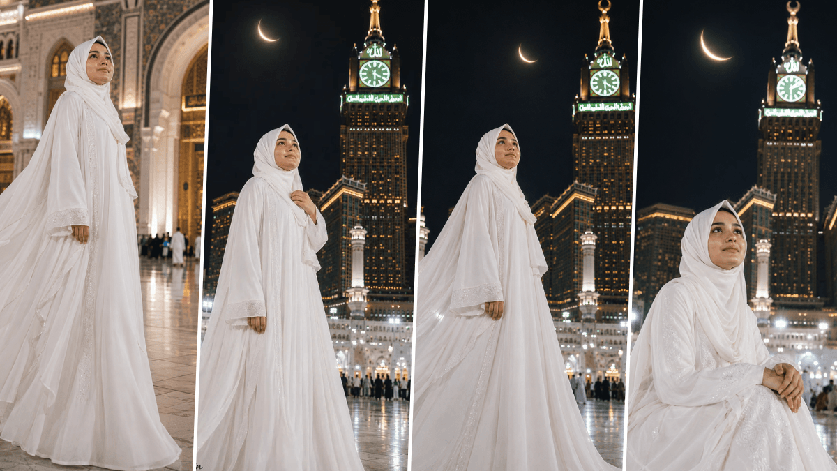 Ultra realistic Muslim woman wearing white hijab and abaya in front of Mecca Clock Tower with cinematic Islamic photography style