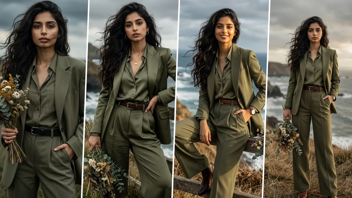 Ultra realistic professional business woman wearing elegant olive green corporate suit in cinematic outdoor fashion portrait style