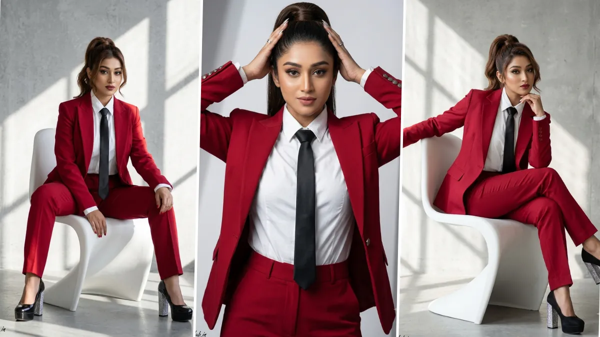 Stylish business woman wearing red suit in cinematic corporate AI photoshoot style
