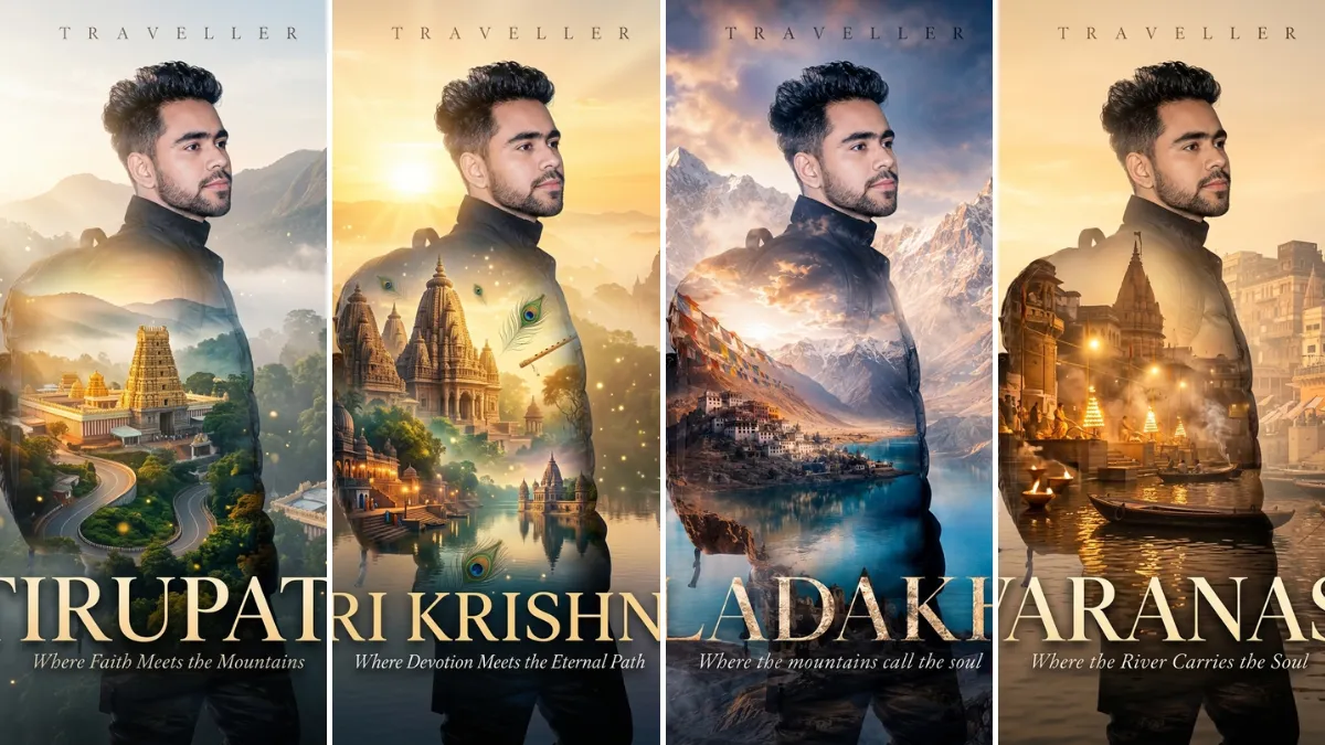 Ultra realistic double exposure travel poster portrait of a male traveler featuring iconic destinations, mountains, temples, and cinematic landscapes