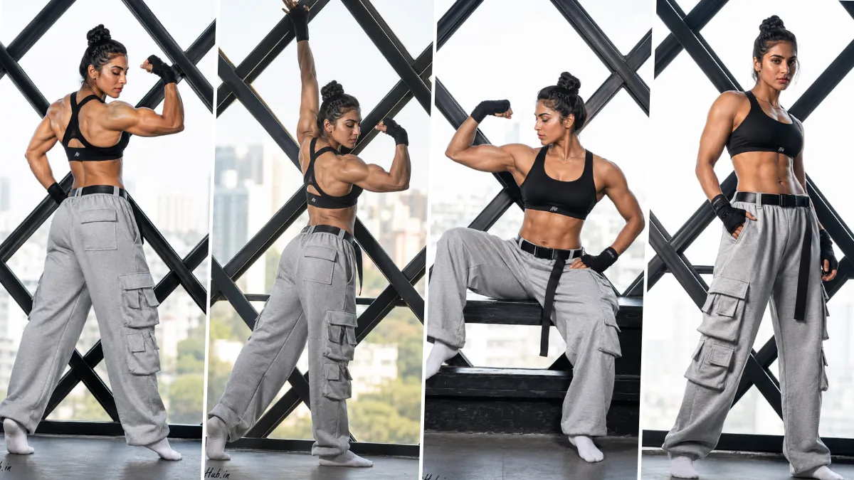 Ultra realistic muscular female fitness model posing in modern gym wear with cinematic athletic photography style