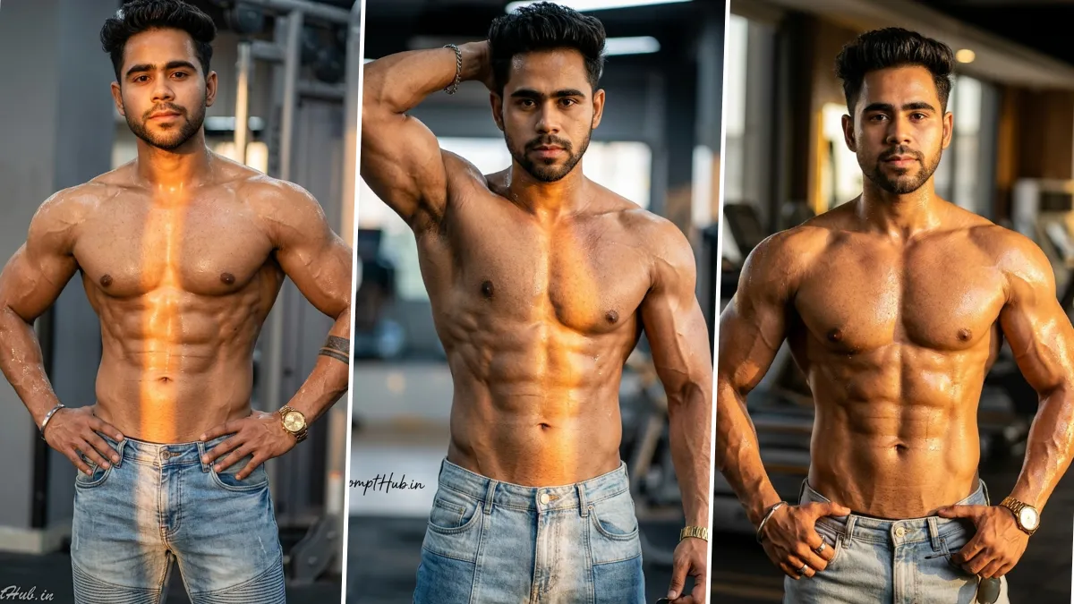 Ultra realistic muscular male fitness model with defined abs posing in a cinematic gym aesthetic photography style