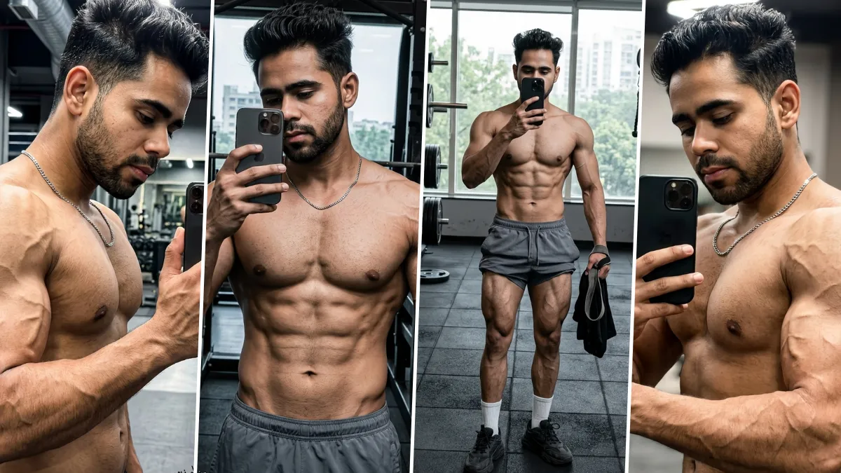 Ultra realistic gym mirror selfie portrait of a muscular male fitness model with defined abs and athletic physique in a modern fitness center