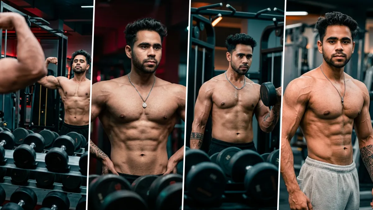 Ultra realistic muscular male fitness model posing in a modern gym with defined abs and professional bodybuilding photography style