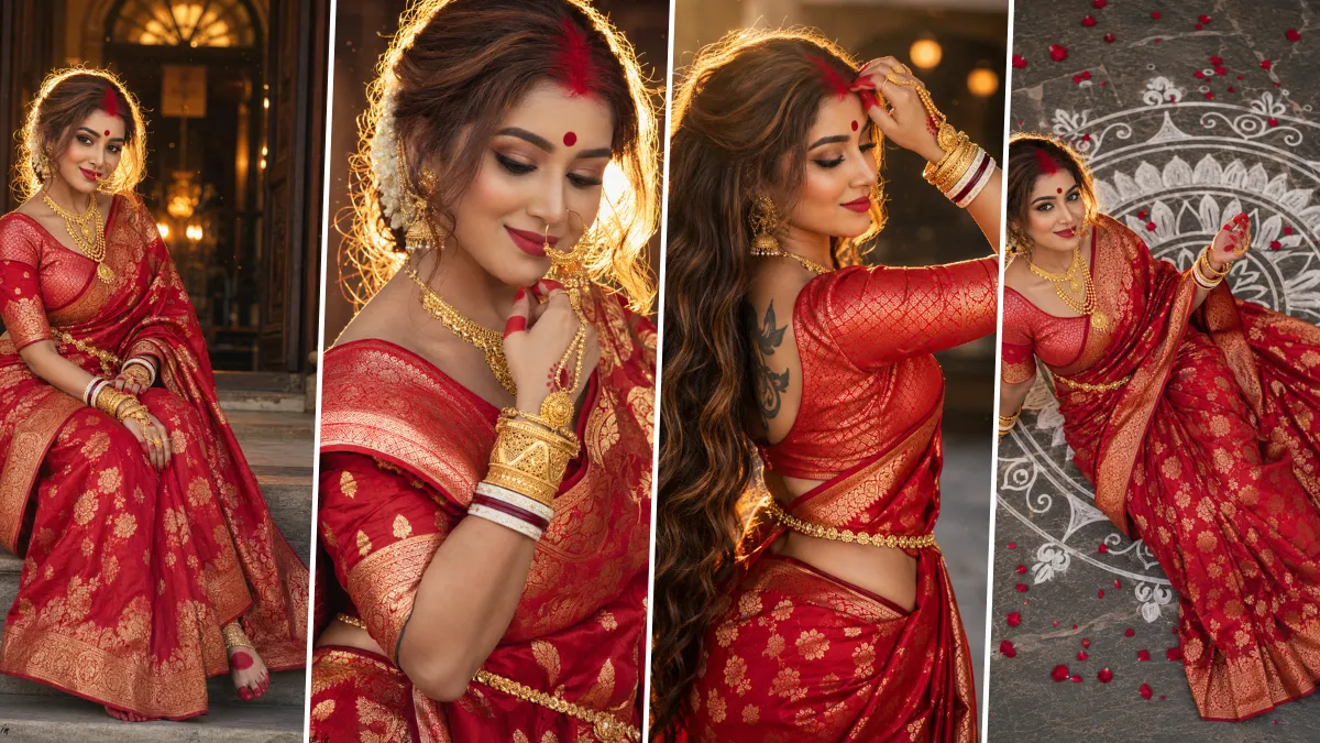 Ultra realistic Indian bride wearing a luxurious red bridal saree with golden jewelry in cinematic wedding photography style