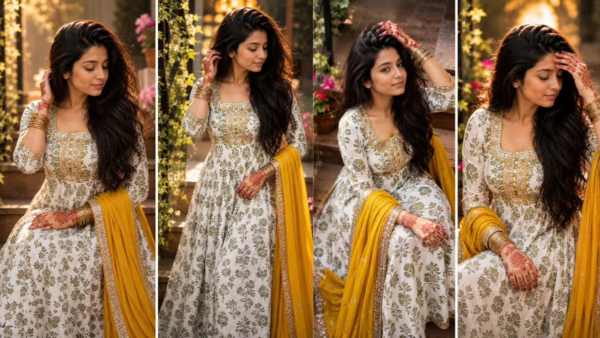 Ultra realistic Indian woman wearing an elegant floral salwar suit with yellow dupatta in a professional ethnic fashion photography portrait