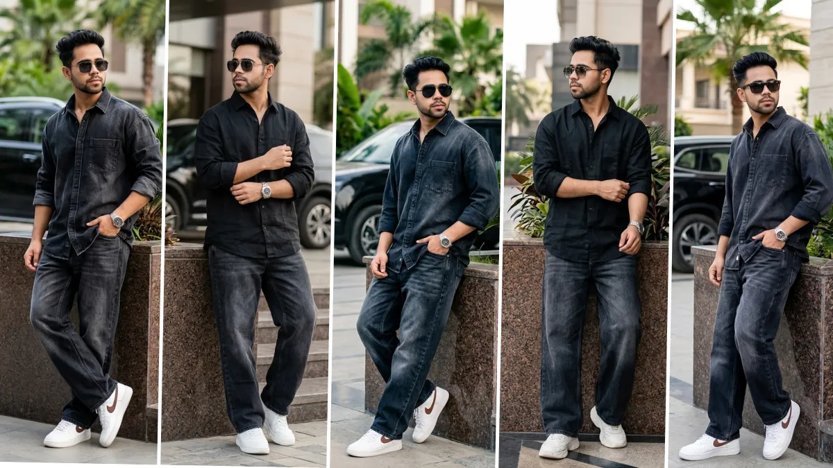 Ultra realistic male fashion model wearing a black denim outfit and sunglasses in a modern street-style lifestyle photography portrait