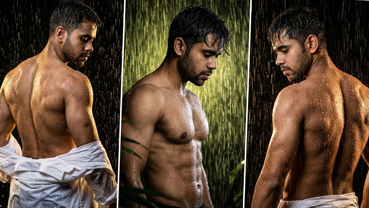 Ultra realistic muscular male fitness model standing in rain with cinematic lighting and dramatic wet-look bodybuilding photography style