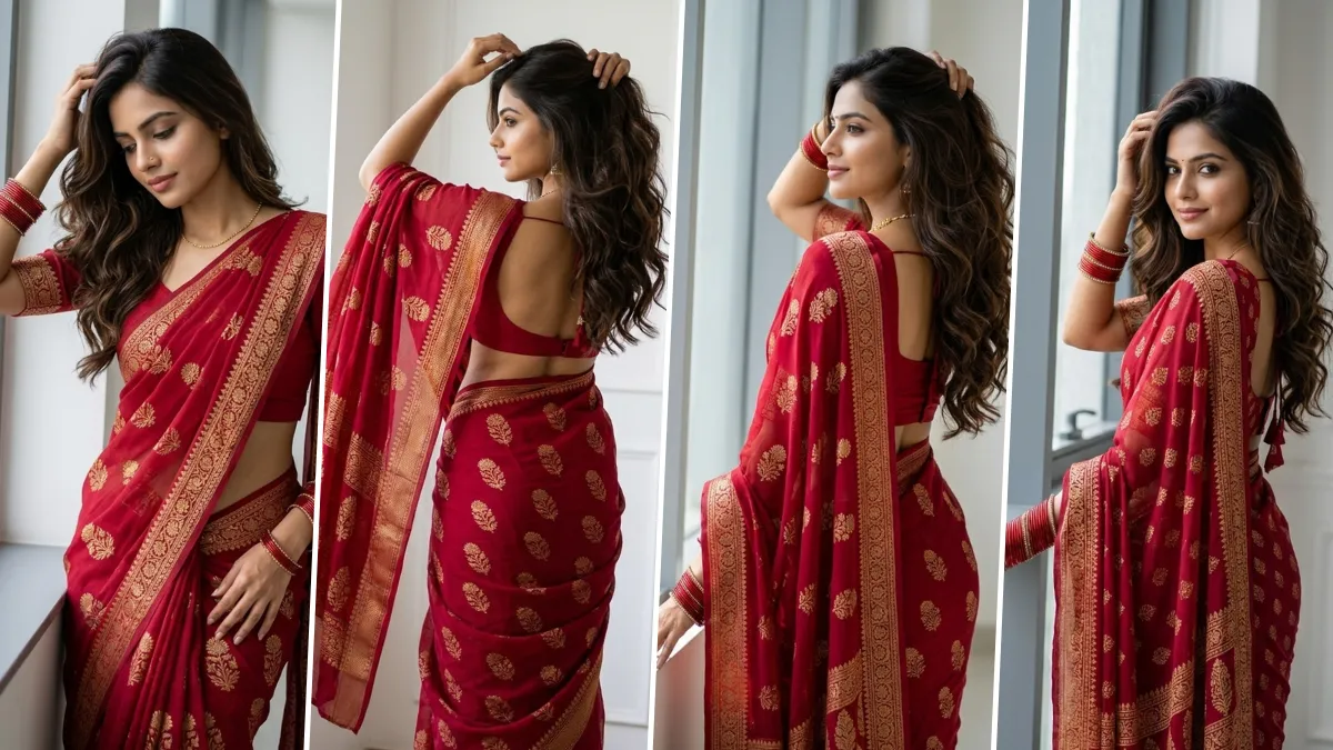 Ultra realistic Indian woman wearing a luxurious red saree with golden embroidery in a professional fashion photography portrait style
