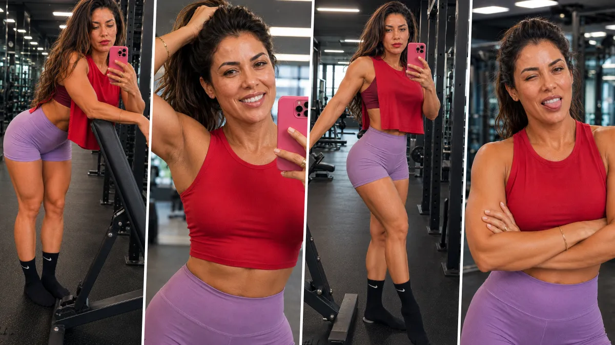 Realistic female fitness model taking gym selfie generated using AI photography prompt