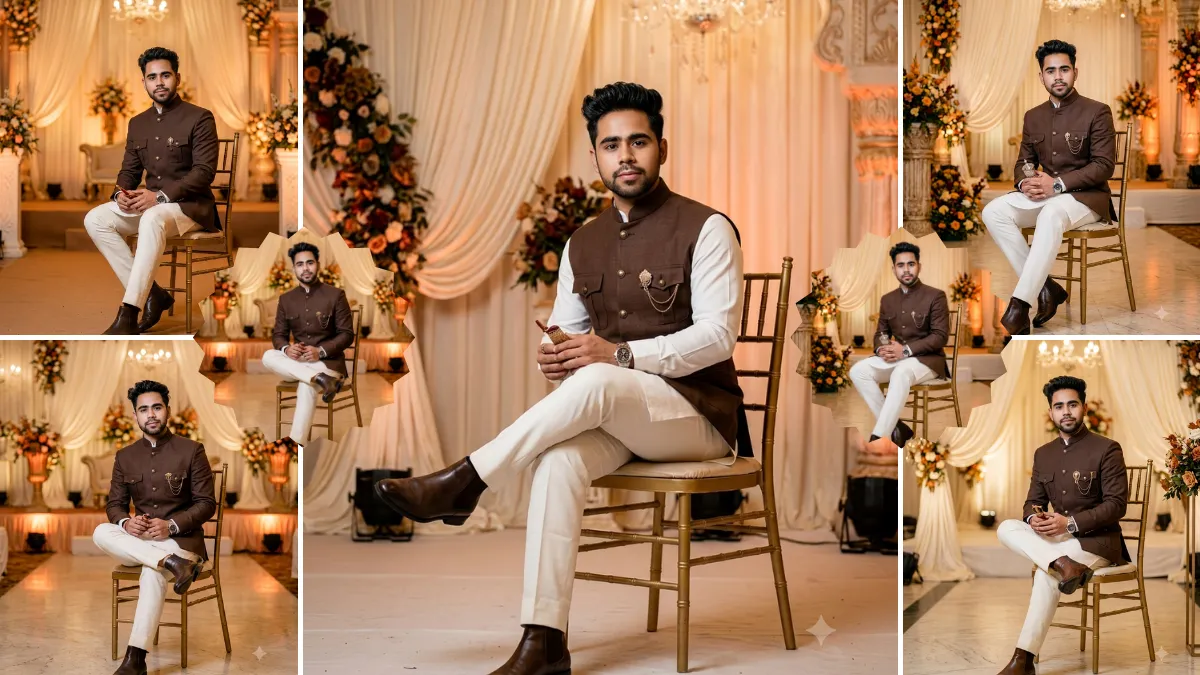 Ultra realistic AI generated Indian groom portrait wearing a luxury brown sherwani at an elegant wedding venue with professional photography lighting and cinematic background.