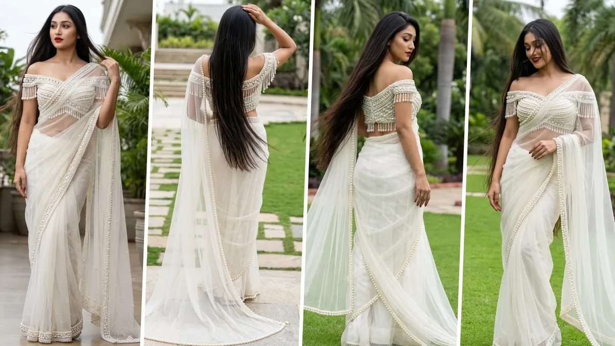 Beautiful woman wearing a luxurious white designer saree posing outdoors in a garden with elegant ethnic styling, created using an ultra-realistic AI photography prompt.