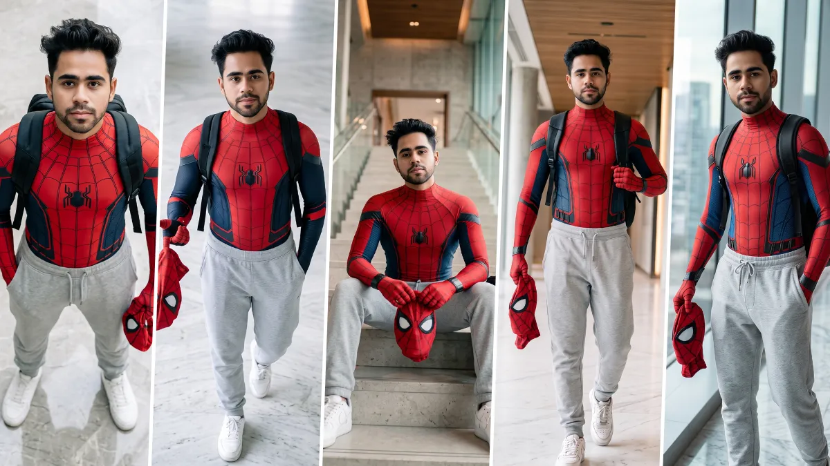 Ultra realistic Spider-Man AI photo editing prompt featuring a young man wearing a superhero suit with cinematic lighting, perfect for ChatGPT, Flux AI, Midjourney, and AI image generators