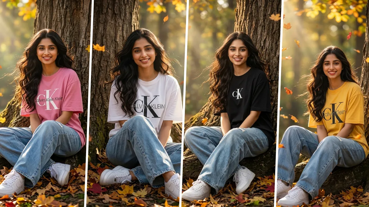 Smiling young woman wearing an oversized casual T-shirt and jeans, sitting under a tree during golden hour in an autumn forest, created with an ultra-realistic AI photography prompt.