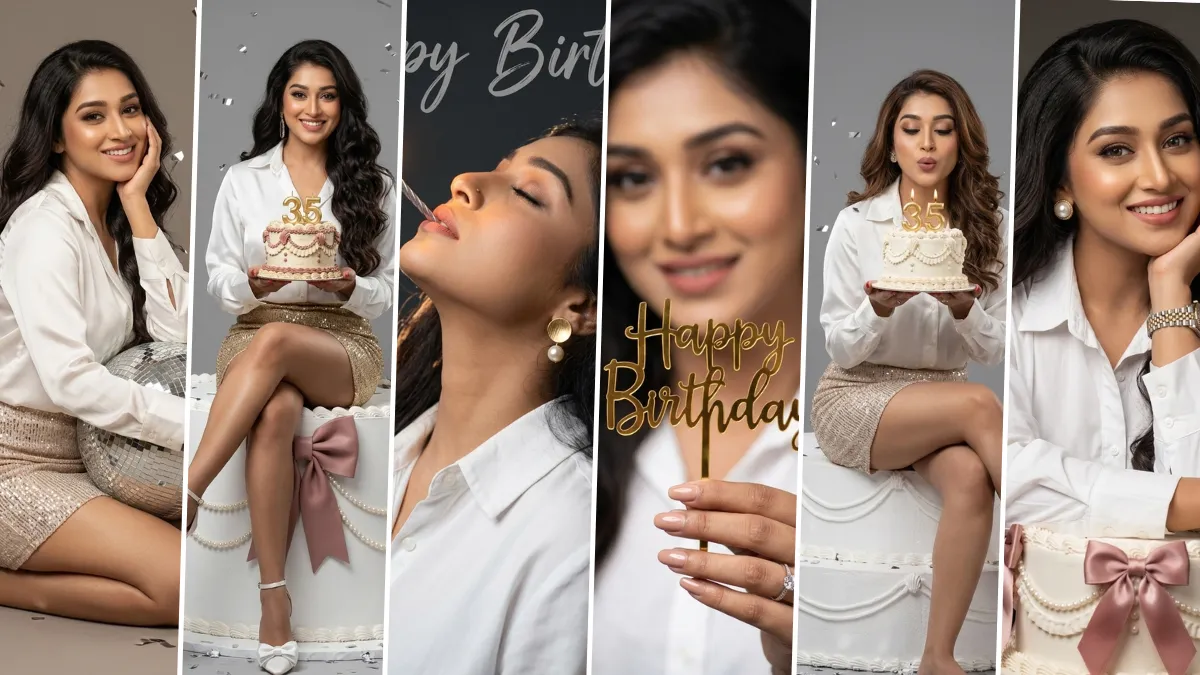 Elegant birthday girl posing with birthday cake in cinematic AI celebration photoshoot