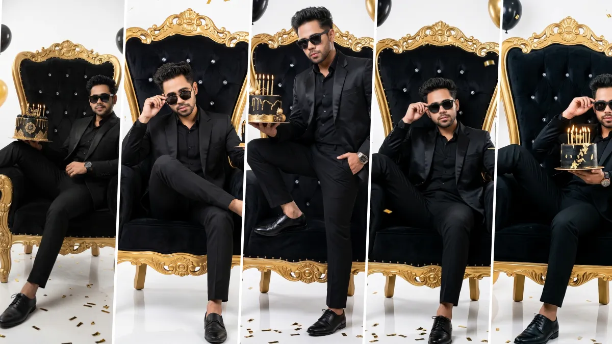 Luxury birthday king portrait in a black suit sitting on a royal throne with birthday cake, black and gold balloons, cinematic studio lighting, and ultra-realistic AI photography style.