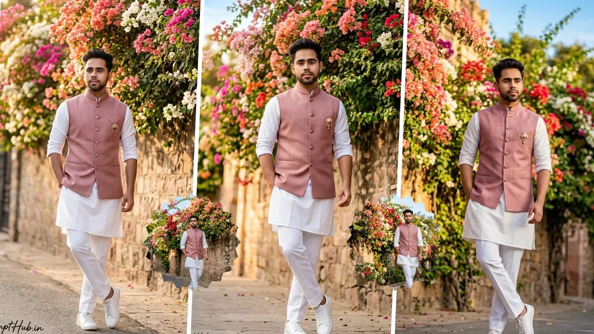 Ultra realistic AI generated Indian male model wearing a pink Nehru jacket and white kurta in an outdoor floral street setting with professional fashion photography and cinematic lighting.