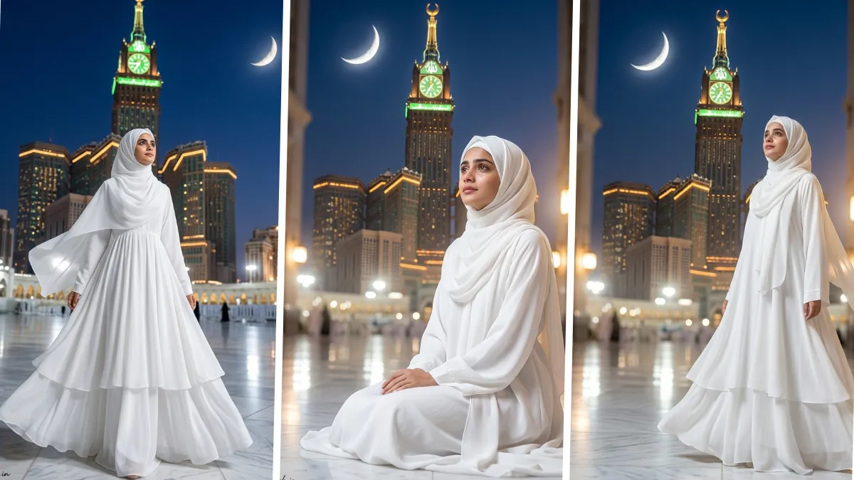 Beautiful Muslim girl in white hijab posing at Mecca clock tower with cinematic AI photo editing style.