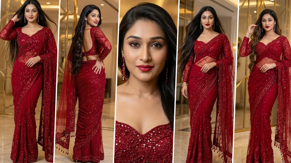 Ultra realistic AI generated Indian woman wearing a luxury red embroidered saree in an elegant indoor fashion photoshoot with cinematic lighting and professional portrait photography.