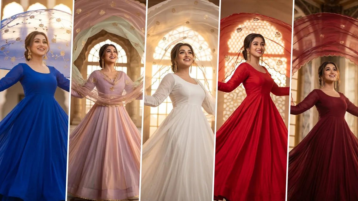 Ultra realistic Indian Anarkali dress AI photo editing prompts for women featuring royal ethnic fashion portraits in blue, white, pink and red dresses.