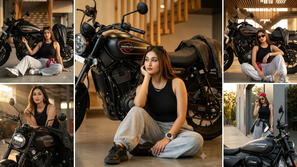 Ultra realistic Harley Davidson bike AI photo editing prompts featuring stylish female biker portraits, cinematic motorcycle photoshoots, casual fashion, and premium urban lighting.