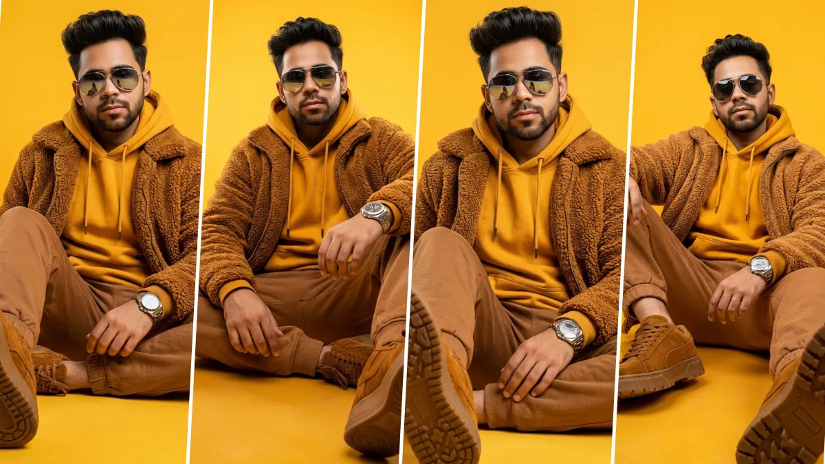 Ultra realistic men's hoodie AI photo editing prompts featuring stylish casual streetwear fashion portraits with yellow hoodie, brown fleece jacket, sunglasses, and cinematic studio lighting.