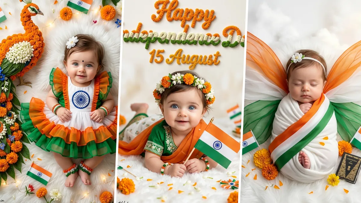 Ultra realistic Independence Day AI baby photo prompt featuring a cute baby wearing tricolor dress with Indian flag and patriotic decorations, generated using ChatGPT and Gemini AI.