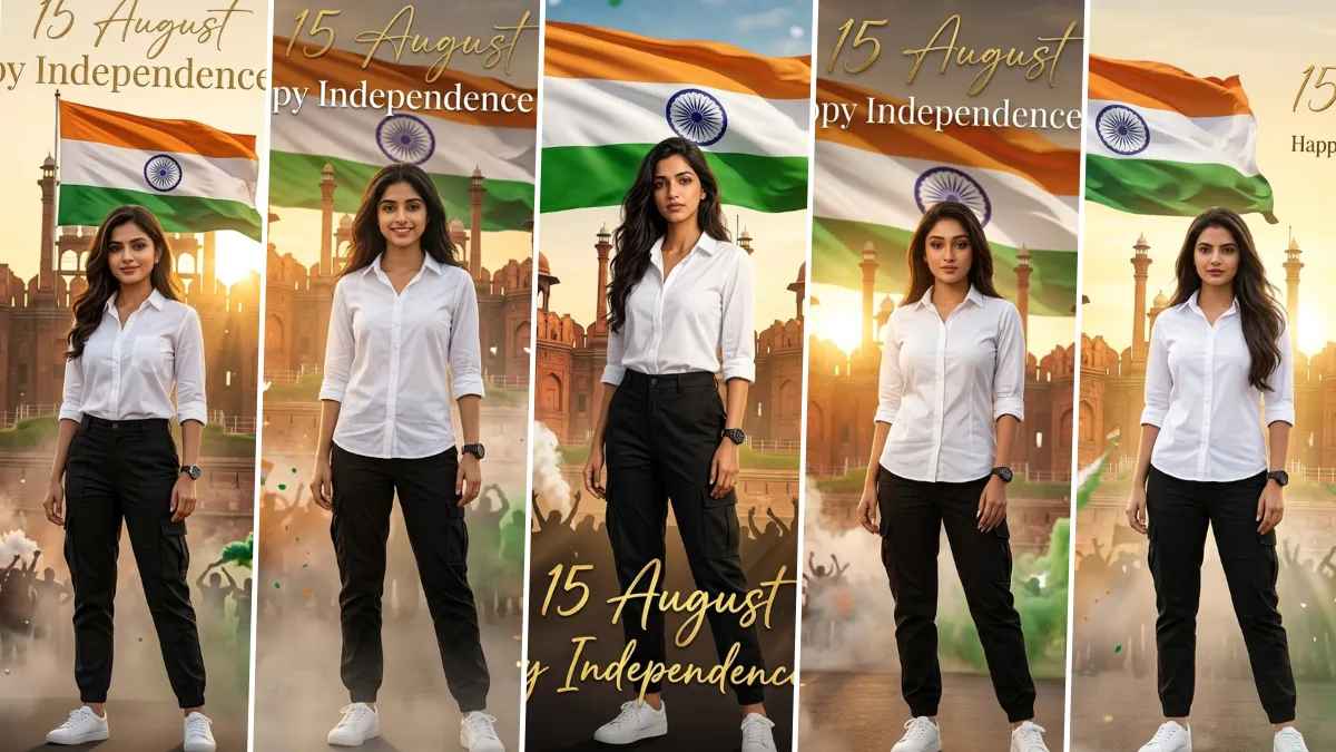 Ultra realistic Independence Day AI photo editing prompt featuring a woman standing in front of the Indian flag and Red Fort, created using ChatGPT AI image prompt.