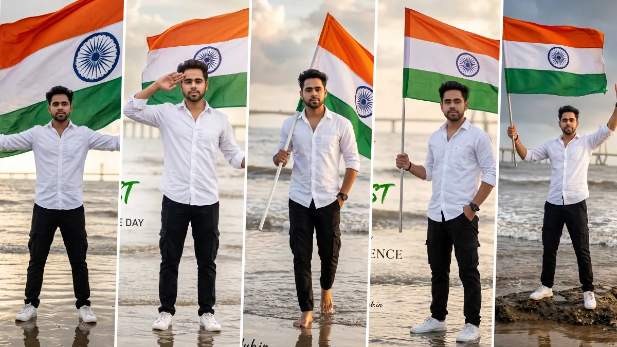 Ultra realistic 15 August Independence Day AI photo editing prompt featuring a man holding the Indian national flag on a beach for ChatGPT Image, FLUX AI, Gemini AI and Midjourney.