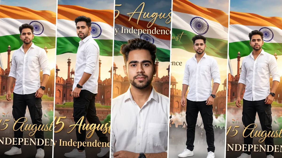 AI-generated Independence Day photo ideas for boys featuring Indian flags and 15 August patriotic themes