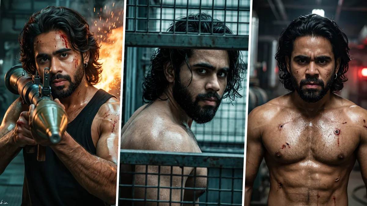 Cinematic action AI photo editing prompts for men featuring ultra realistic male action portraits