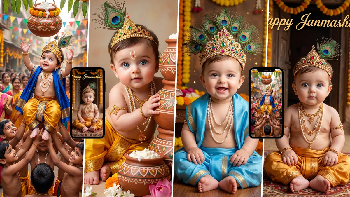 Cute baby Krishna AI image prompts for Janmashtami featuring traditional clothing, peacock feathers and decorated matki