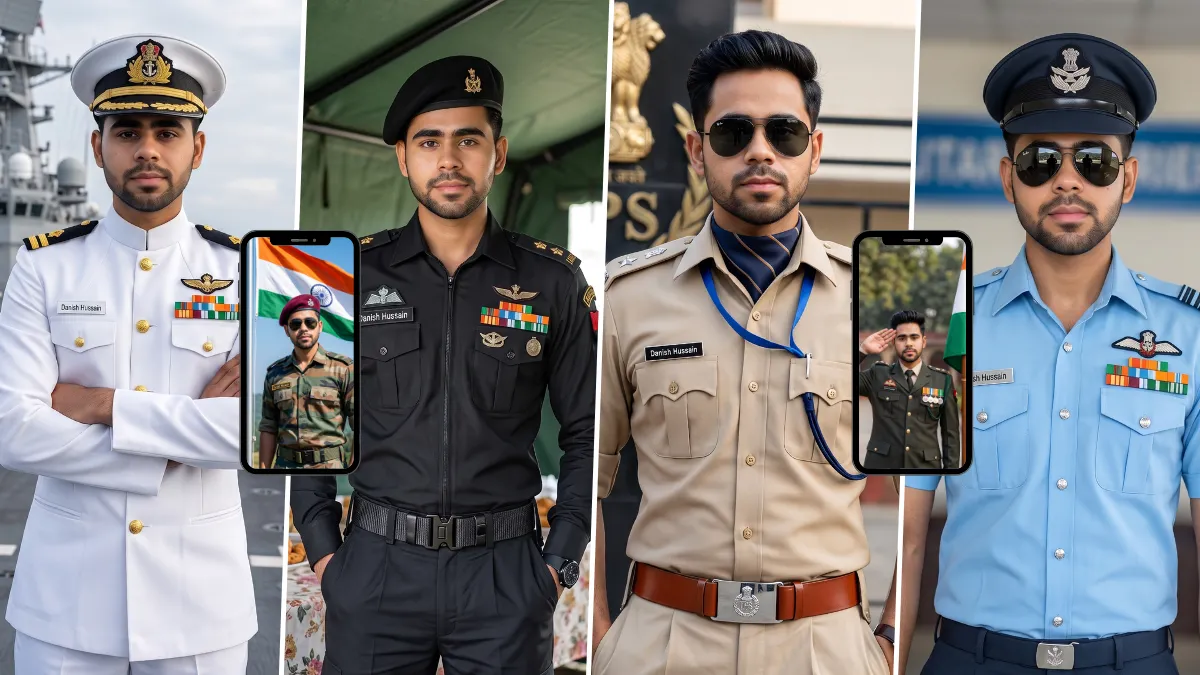 AI uniform photo prompts for men featuring realistic army, navy, police and officer portraits