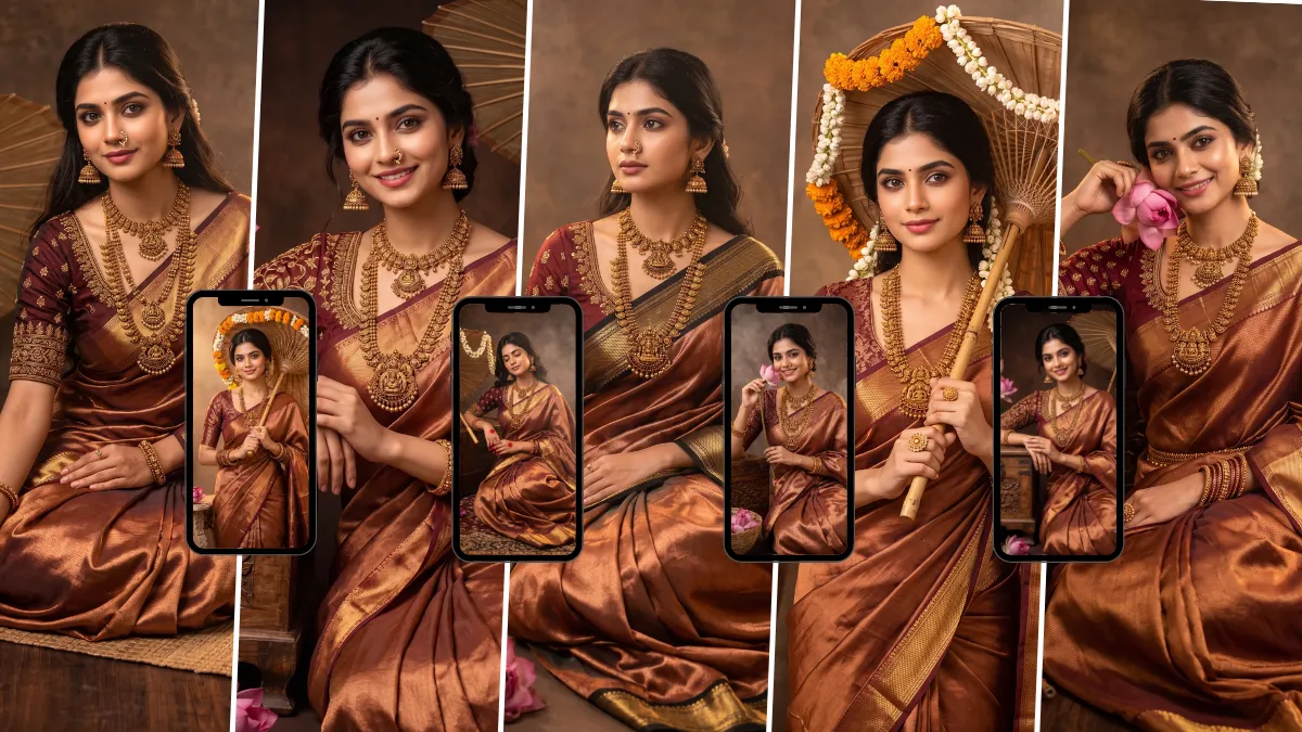 Traditional Indian woman in a silk saree and gold jewelry created with an AI image prompt