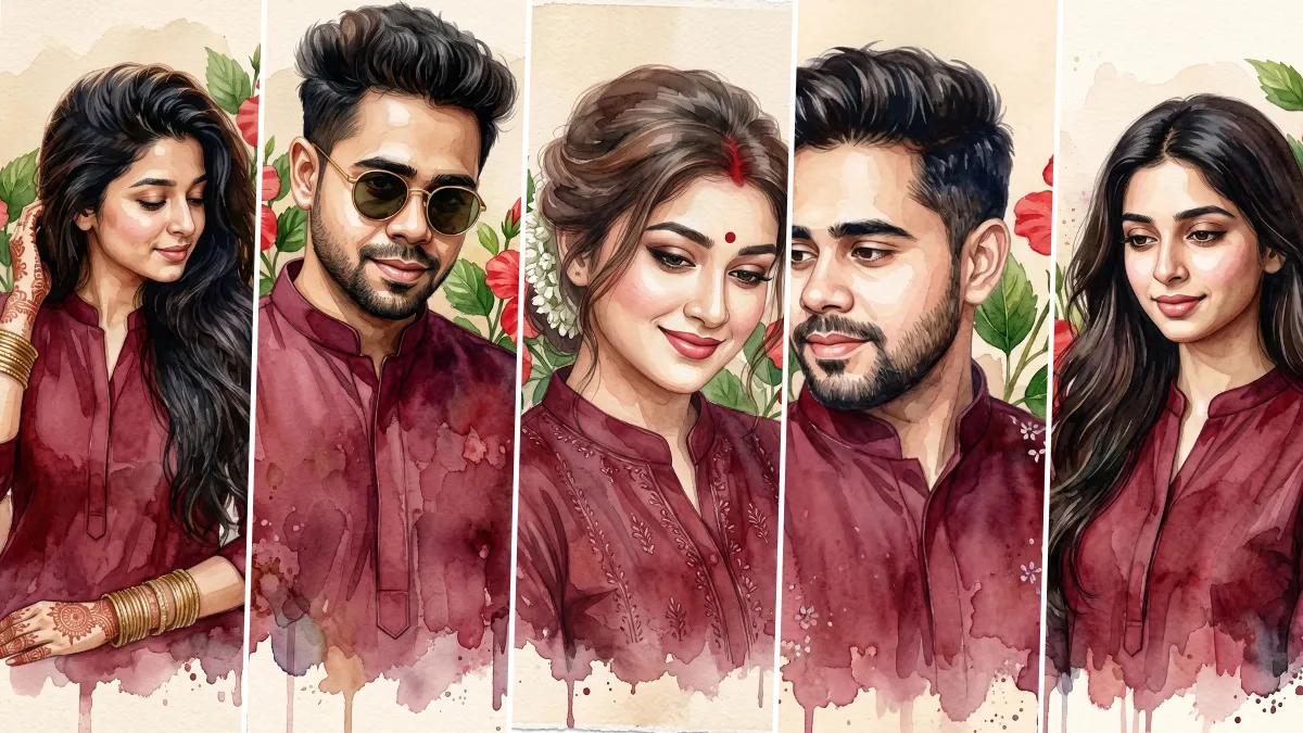 Ultra realistic watercolor AI portrait prompts featuring artistic male and female illustrations created using ChatGPT Image, FLUX AI, Gemini AI and Midjourney.