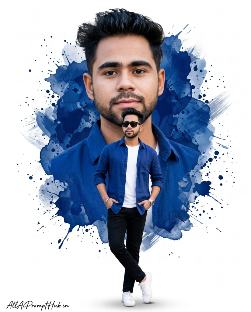 Blue watercolor double exposure AI portrait prompt for men with cinematic full body pose and realistic face.
