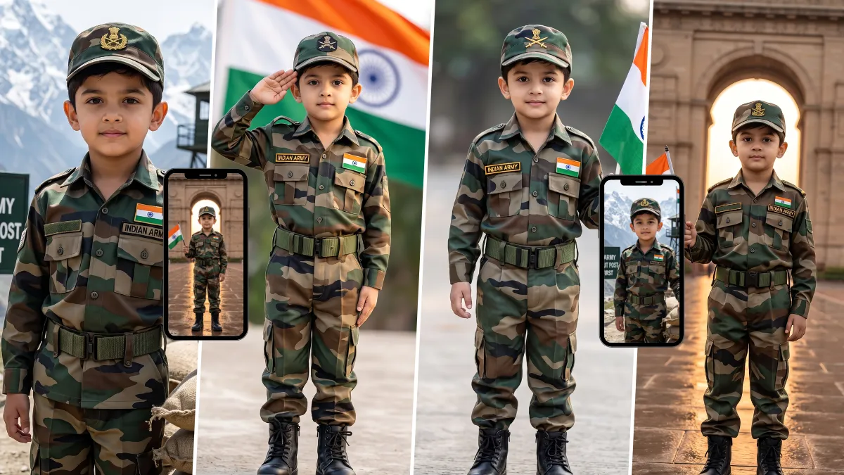 Realistic Indian Army kid in military uniform created with an AI photo prompt for patriotic portrait photography