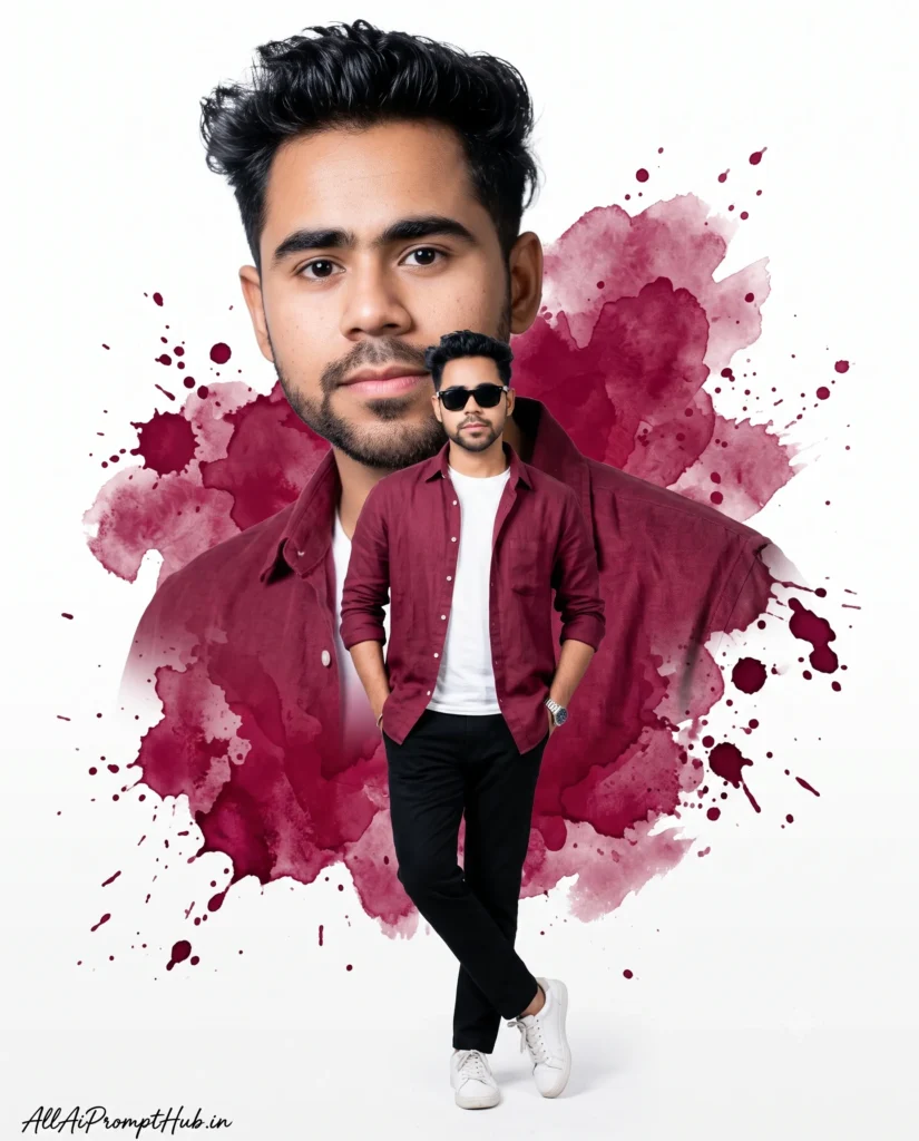 Burgundy watercolor double exposure AI portrait prompt with realistic male face and stylish pose.
