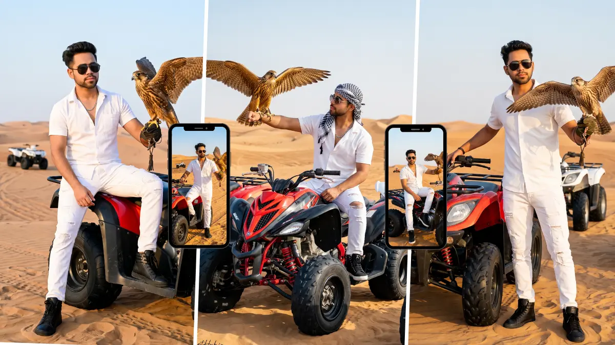 Stylish man in white outfit with a falcon and ATV in a desert created with an AI image prompt