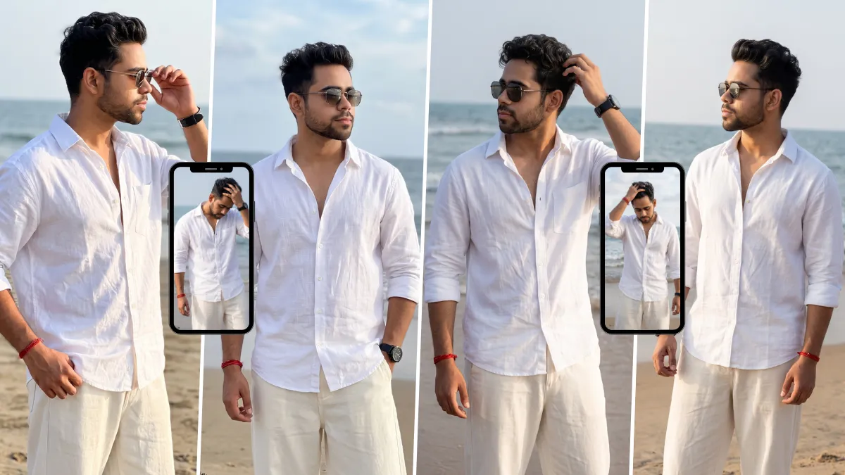 White shirt male beach portrait created with a realistic AI photo prompt for men's fashion photography