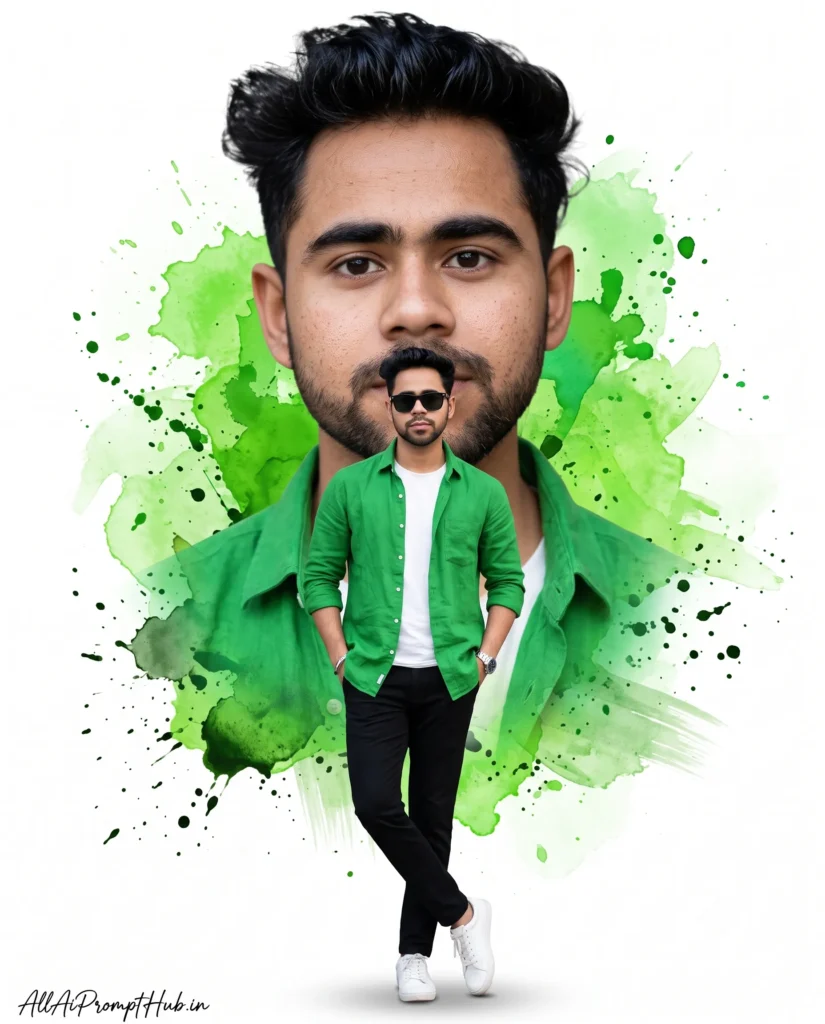 Green watercolor splash double exposure AI portrait prompt with cinematic male portrait.