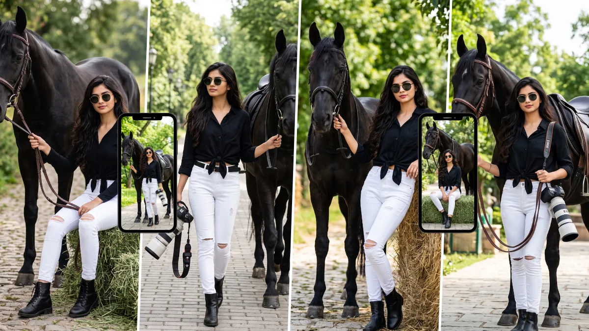 Woman posing with black horses in an outdoor equestrian setting using a horse riding AI photo prompt