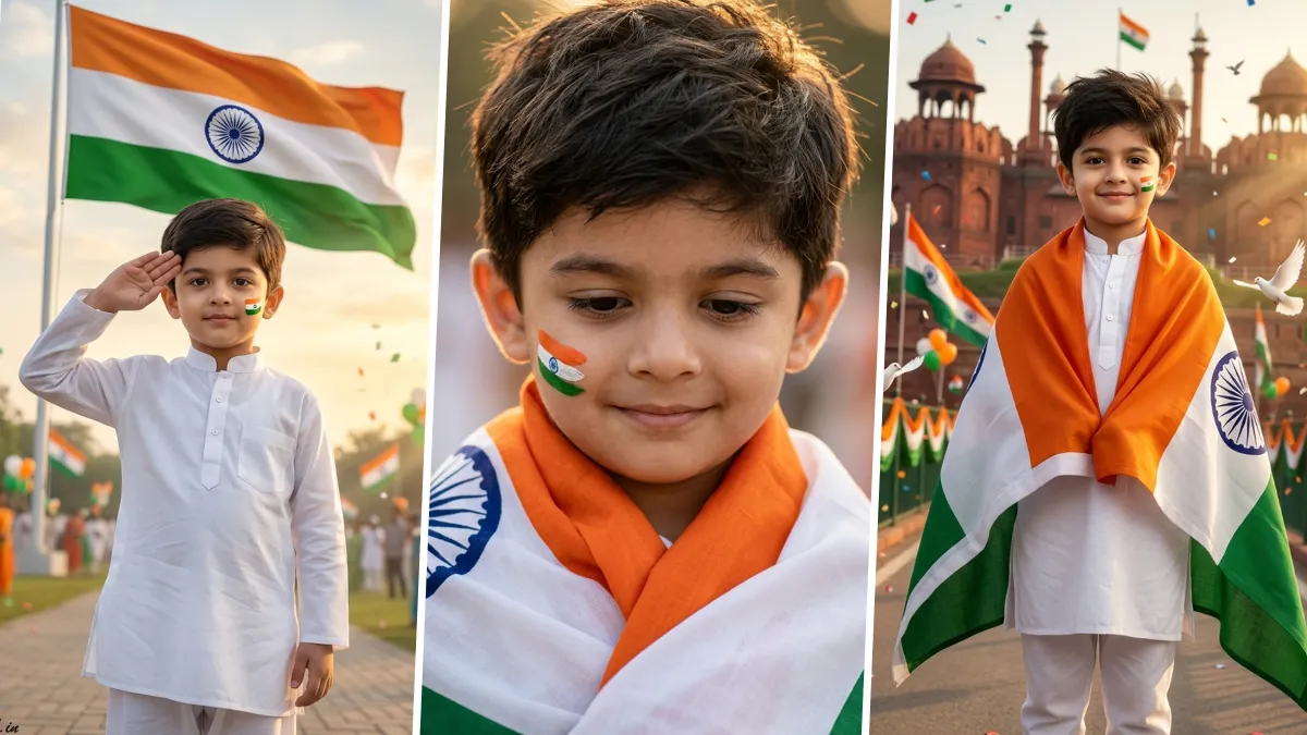 Ultra realistic Independence Day AI image generation prompts for cute Indian kids wearing white kurta with Indian flag, patriotic portrait created using ChatGPT AI, Flux AI, Midjourney and Gemini AI prompts.
