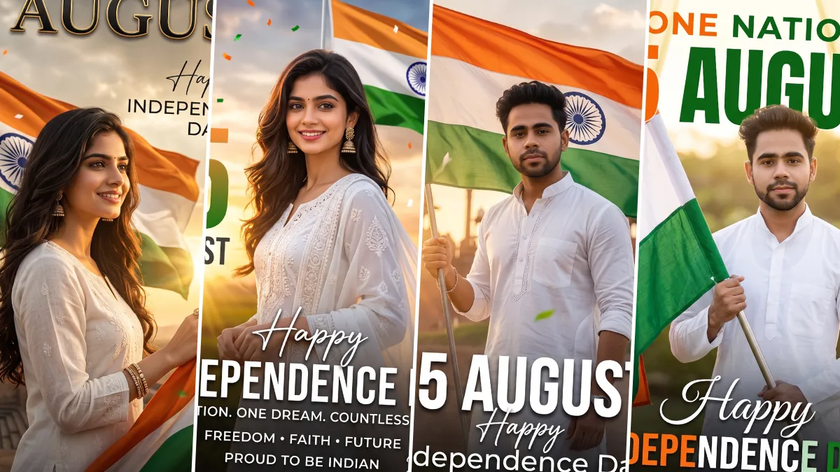 Independence Day AI image prompt featuring Indian men and women holding the national flag in patriotic 15 August portraits