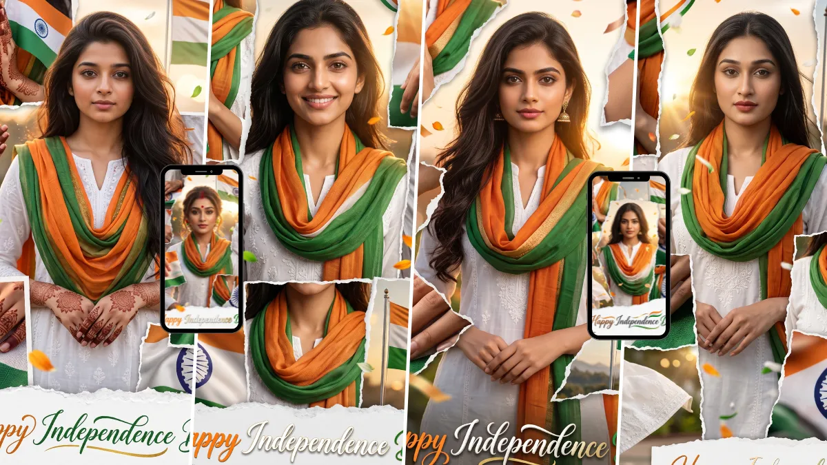 Indian woman in white outfit with orange and green tricolor dupatta created with an Independence Day AI photo prompt