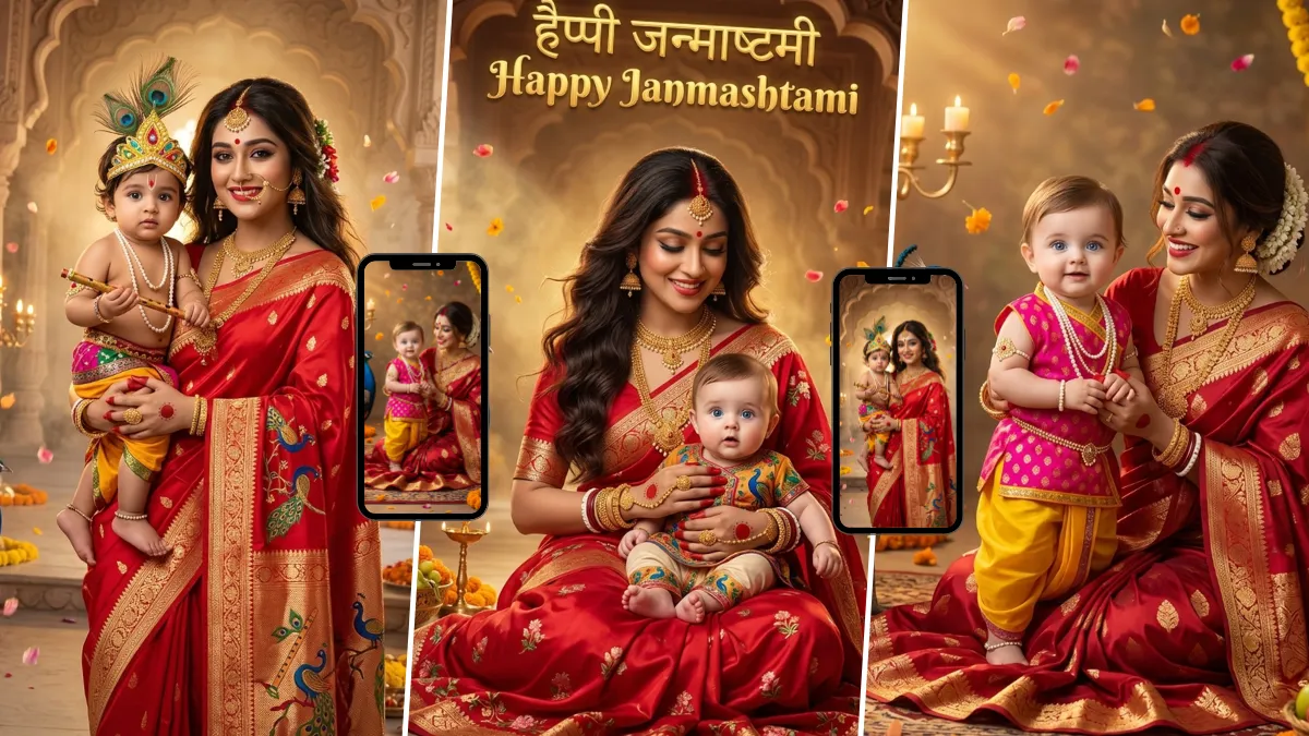 Janmashtami AI image prompt showing an Indian mother with baby Krishna in traditional festive clothing